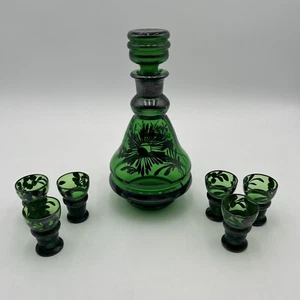 Decantador de vidrio verde MCM italiano vintage 6 vasos de póker flor vid Fioren - Imagen 1 de 7