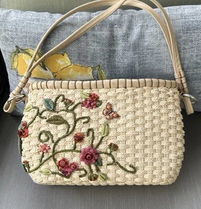 Brighton Vintage Calliope Straw Tote Floral Appliqué Enamel Butterfly Bag - Picture 1 of 10