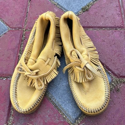 Mocassins femininos vintage anos 80 90 Quoddy softole franja bronzeado tamanho 7 M - Imagem 1 de 4