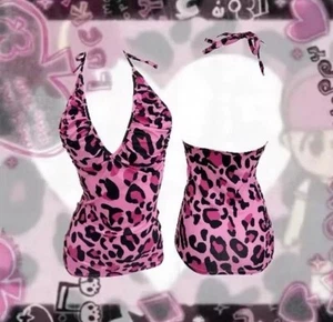 HALTER LEOPARD PRINT TOP PINK MCBLING Y2K CAMI GYARU HARAJUKU BIMBO CHEETAH - Picture 1 of 5