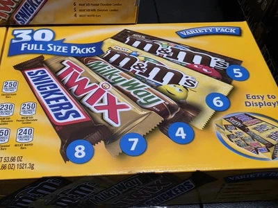 30 Bars Full Size Candy Bars Snickers, M&M's Peanuts, Twix, Milky Way Ex 05/2026 - Image 1 of 4