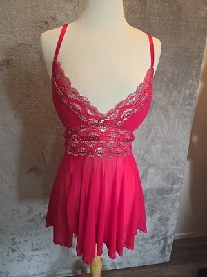 COQUETTE Pink Lace Sequins Babydoll Chemise Lingerie Teddy - Image 1 of 4