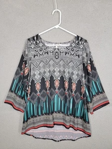 Women's Cato Aztec Print Top Small 3/4 Sleeve Geometric Blouse Boho Tribal - Picture 1 of 7