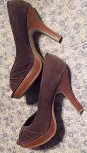 Steve Madden Pawla Womens 8.5M Brown Leather Suede Heeled Peep Toe Pump Shoes - Picture 1 of 6
