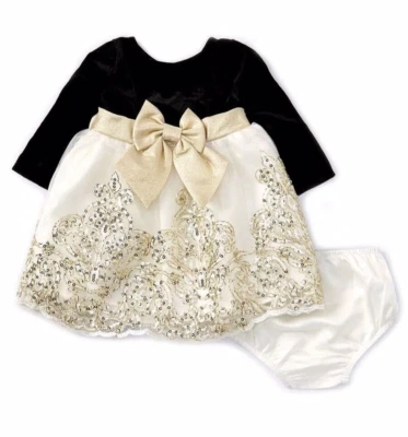 NWT Rare Editions Gold Girls Velvet Dress Sequins Long Sleeve Holiday 6-9 Mo - Image 1 of 4