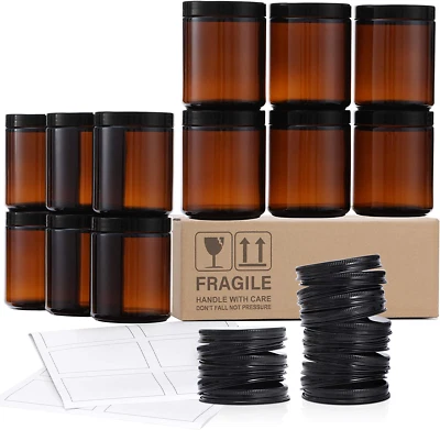 12 Pack, 8 OZ Thick Glass Jars with Lids, Dark Amber Candle Jars with 12 Metal & - Image 1 of 4