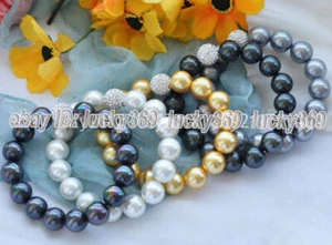 5 Strands 5 Colors 8/10/12mm Shell Pearl Round Beaded Bracelet 7.5" Magnet Clasp - Picture 1 of 5