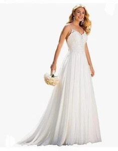 Elfenbein Rückenfreies Brautkleid, Boho Strand A-Linie Spaghettiträger Größe 10 - Bild 1 von 8