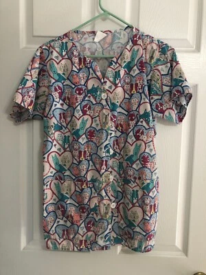 CREST™ Women's Size XS Multi-Colored Dog Dogs Cat Cats Hearts Button Scrub Top - Image 1 of 4