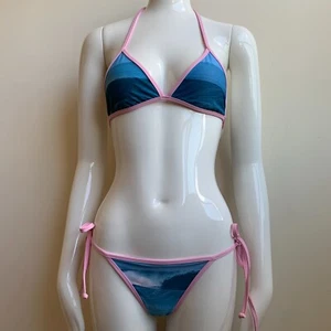 Aaron Chang Vintage NEW Stripe wave Print pink navy triangle top tie side Bikini - Picture 1 of 11