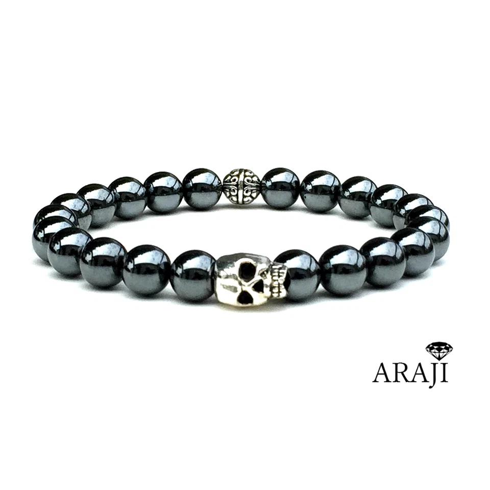 Men's Stretch Silver-Plated Skull 8" Bracelet Fashion Jewelry Hematine - Изображение 1 из 1