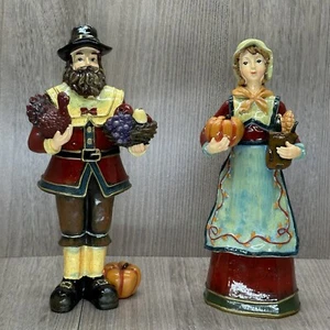 Thanksgiving Pilgrim Figurines Set of 2 Couple Turkey Pumpkin Feast Multicolor - Picture 1 of 14