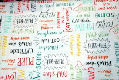 "PURRFECT" DAY FROM WINDHAM - MULTICOLOR CAT WORDS - 100% COTTON FABRIC - Image 1 of 3