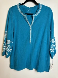 TALBOTS WOMEN'S PETITE BLUE EMBROIDERED PEASANT TOP SIZE L NWT - Bild 1 von 5
