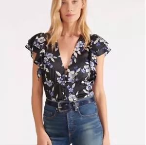 Talla 6 Nueva Con Etiquetas Blusa BARBA VERÓNICA POLLY Top SEDA Negro Azul Floral $395 - Imagen 1 de 7