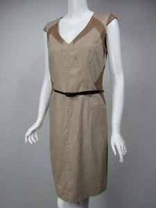 ETCETERA Beige Brown Colorblocked V-Neck Belted Sheath Dress sz 8 - Picture 1 of 3