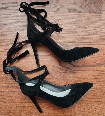 Anne Michelle 6.5  Black Velvet Stilletos With Tie Around Ankle Closure - Image 1 of 4