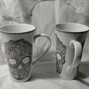 222 Fifth SKULL LACE SKELETON LATTE MUGS porcelain Gothic HALLOWEEN rare! SET 2 - Picture 1 of 5