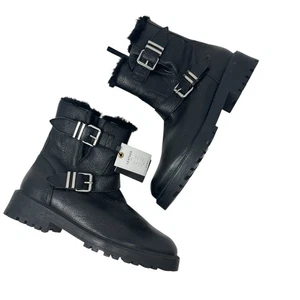 Stivaletti moto Zara nuovi con etichette in pelle fibbia foderati in shearling neri taglia 40 US 9 - Foto 1 di 13