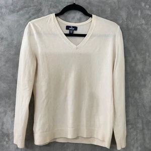Lands End 100% Cashmere Sweater Sz Med Petite Cream Ivory V-neck - Picture 1 of 11