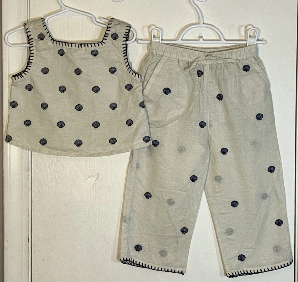 Conjunto de dos piezas Crewcuts niña talla 4 azul marfil conchas marinas mezcla de lino usado en excelente estado Foto 1 de 4
