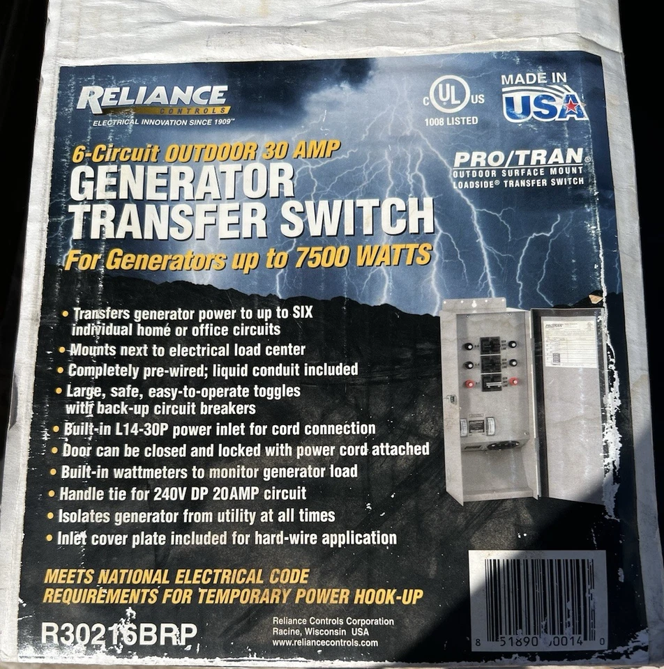 Reliance - Interruptor de transferencia manual exterior de 6 circuitos 30 amperios para generador Foto 1 de 4