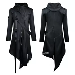 Gothic Men's Steampunk Trench Coat Punk Long Cosplay Black Jacket Outwear Hoodie - Picture 1 of 15