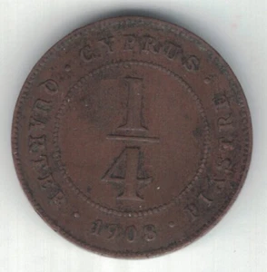 CYPRUS EXTREMELY RARE 1/4 PIASTRE COIN 1908 YEAR KM#8 EDWARD VII MINTAGE 36,000 - Picture 1 of 2