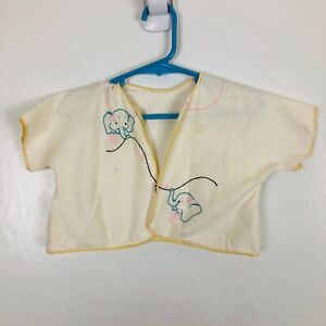 Vtg Baby Flannel Open Jacket Hand Embroidered Elephants Crocheted Edge Yellow