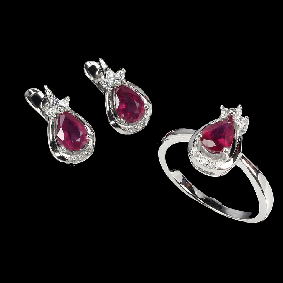925 Argento Sterling Gioielli Set Pera Rubino 6x4mm Gemma Pietra Naturale - Immagine 1 di 4
