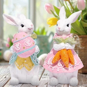 2 Pieces Easter Bunny Couple Cute Rabbit Figs for Party and Home (White-Blue) - Picture 1 of 6