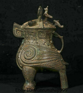10" Old Chinese Bronze Ware Dynasty Eagle Owl Birds Zun Handle Drinking Vessel