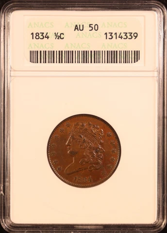 1834 Classic Head Half Cent - ANACS AU50 - Attractive Choice AU! Tough Date Cover
