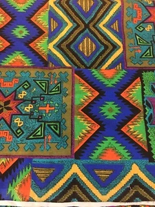 Vintage Aztec Native 1980s 90s Bright Geometric Cotton Craft Fabric 1/2 yd x 60" - Picture 1 of 4