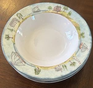 PORTER'S VILLAGE Set of 4 Rimmed Soup Bowls 9.25" Lighthouse Ship Boat 222 Fifth - Picture 1 of 10