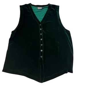 Eileen Fisher Velour Velvet Vest Dark Green Silk Blend Button Front VTG - Picture 1 of 7