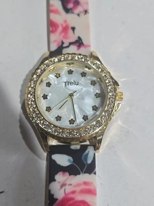 Trelu Watch Women 36mm Gold Tone White Rose Band Open Hinged Cuff New Battery - Picture 1 of 8