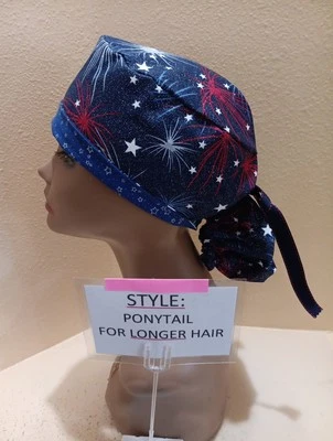 Starburst Patriotic 4th of July Women's Ponytail Surgical Scrub Hat/Cap Handmade - Image 1 of 4