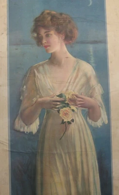 c1916 PENRHYN STANLAWS GIRL lg Color Lithograph Print MOONLIGHT FANTASY antique - Image 1 of 4