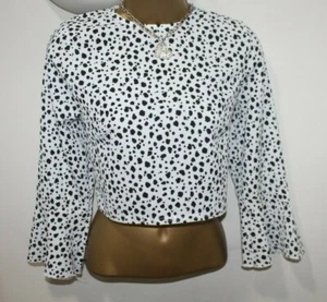 PLF Crop Top Size 12 UK White Cream Black Flare 3/4 Flare Sleeve Spot Print Vgc - Picture 1 of 10
