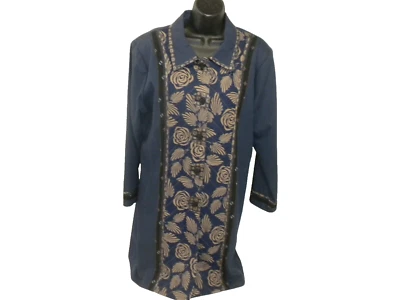 Koos Of Course Jacket L Blue Duster Button Down Country Floral Pockets Lined - Image 1 of 4