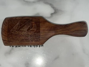 Vintage Wooden Handle Hairbrush With Carved Sailboat Design Genuine Bristles - Picture 1 of 4