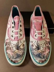 Ed Hardy Womens Laceless Sneakers Sz 5 Canvas Slip On Low Rise Fish Multi-Color - Picture 1 of 9