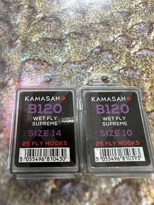 Packets of 25 Kamasan B120 Wet Fly Supreme Trout Hooks Sizes 8 to 16 - Image 1 of 3