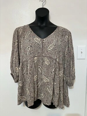 Romantic Gypsy V Neck Pasiley Blouse w/ Eyelet Cutouts Size 2X Tan Blue Pink - Image 1 of 4