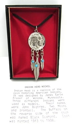 36'' ROPE INDIAN HEAD NICKEL NECKLACE BLACK DIAMOND COIN FEATHER TURQUOISE - Image 1 of 3