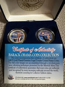 Barack Obama Gold Plated Coin Set Colorized - One Dollar Coin & One Quarter Coin - Photo 1 sur 3