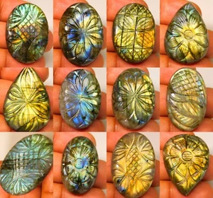 NATURAL MULTI  FIRE LABRADORITE CARVING MIX SHAPE CABOCHON PENDANT GEMSTONE CZ - Picture 1 of 15