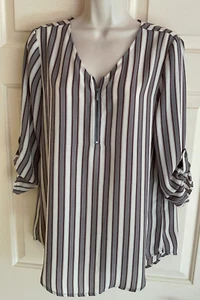 MAURICES Womens Size S Tunic Top Blouse Gray Stripe 1/4 Zip Roll Tab 3/4 Sleeve - Picture 1 of 5