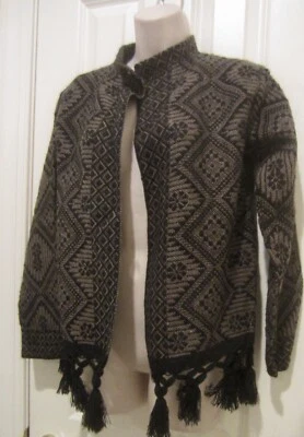 Cárdigan peruano hecho a mano en patrón negro y dobladillo borla flecos talla M Foto 1 de 4